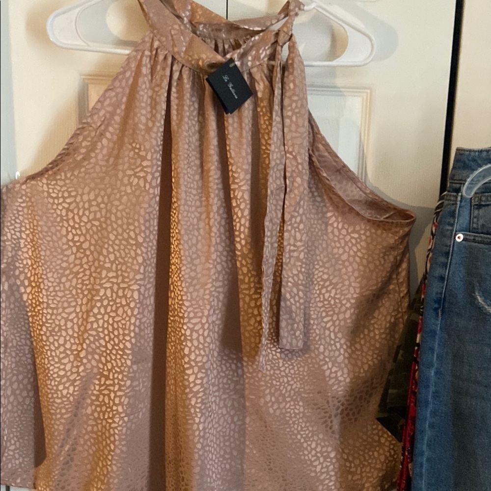 Shimmery Mauve Gold Tie Front Relaxed Blouse